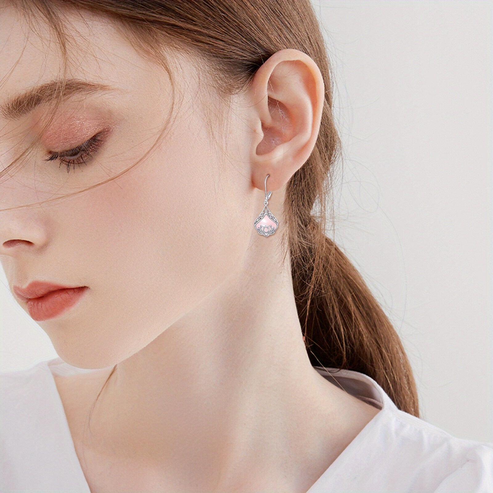 for Lotus Earrings 925 Sterling Silvery Teardrop Rose Quartz Pendant Women's Gemstone Jewelry Earrings
