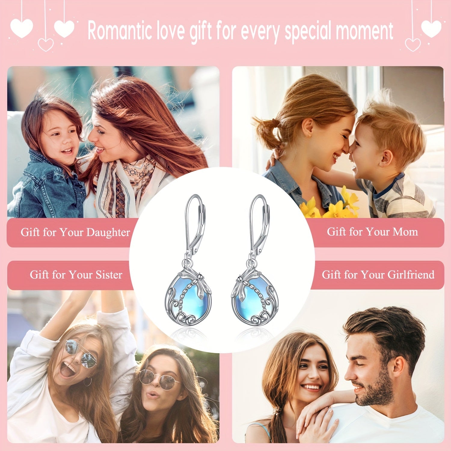 Women's pure Silvery French buckle earrings, low-allergy synthetic moonstone 925 pure Silvery pendant earrings with bees, hummingbirds, dragonflies, suitable for Christmas gifts and anniversary gifts for mothers, wives, daughters and grandmothers