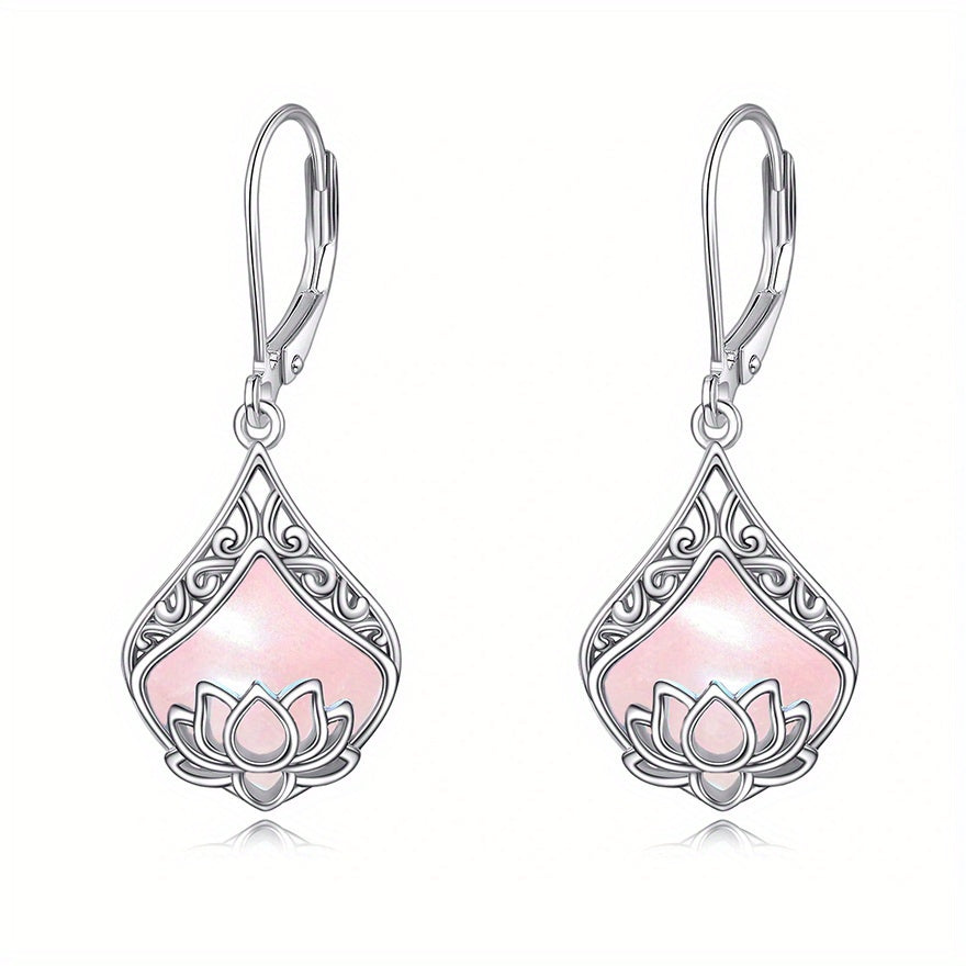 for Lotus Earrings 925 Sterling Silvery Teardrop Rose Quartz Pendant Women's Gemstone Jewelry Earrings