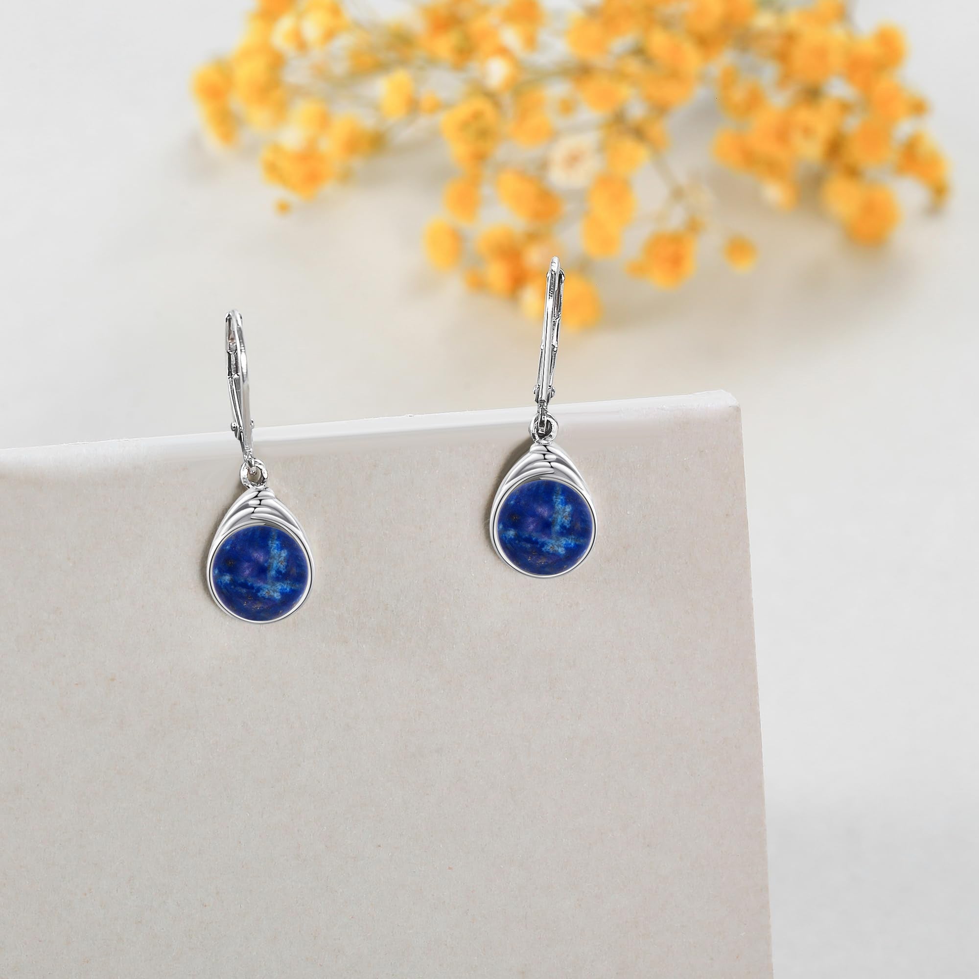 S925 Sterling Silver Lapis Lazuli Earrings for Women Round Lapis Lazuli Leverback Earrings Lapis Lazuli Dangle Earrings Jewelry Gifts