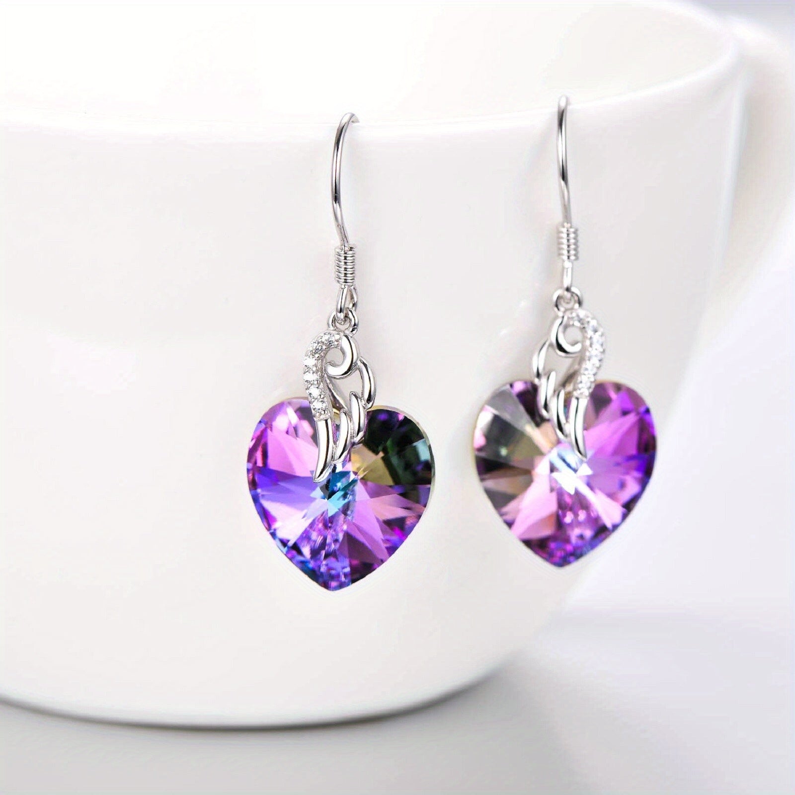 YFN Love Heart Synthetic Crystal Sterling Silver Dangle Drop Earrings with Synthetic Crystals Fine Jewelry Gift for Women Anniversary Birthday Gift Christmas Holiday Gifts, 34 mm x 14 mm, Synthetic Crystal from Austrian Cubic Zirconia