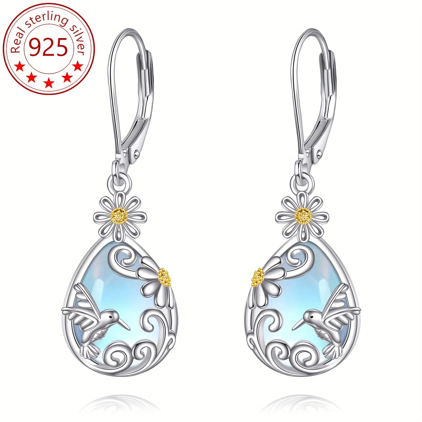 Women's pure Silvery French buckle earrings, low-allergy synthetic moonstone 925 pure Silvery pendant earrings with bees, hummingbirds, dragonflies, suitable for Christmas gifts and anniversary gifts for mothers, wives, daughters and grandmothers