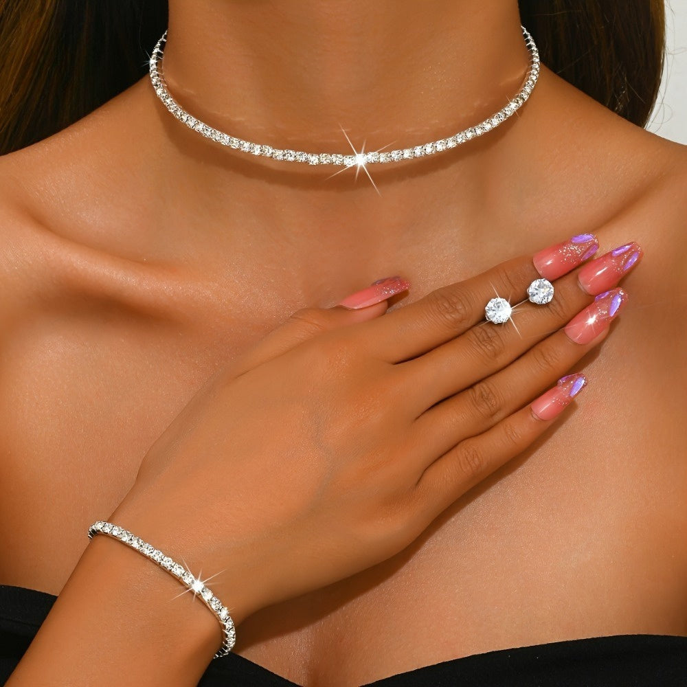 925 Sterling Silver Moissanite Jewelry Set, Women'S Luxury Tennis Necklace + Bracelet + Earrings Three-piece Set, Mother'S Day/Valentine'S Day Gift, High-end Birthday Jewelry | Hypoallergenic Nickel-free | European and American Luxury Style
