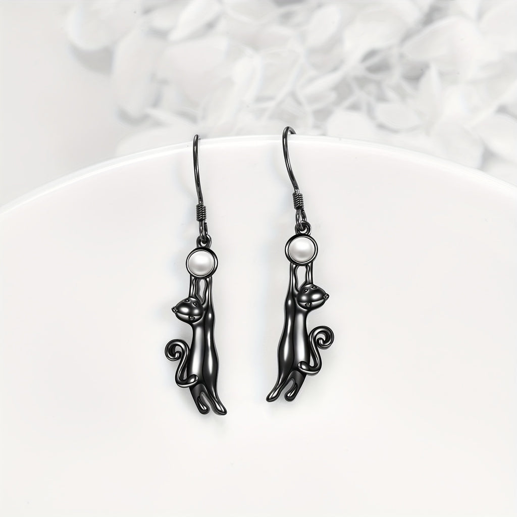Black Cat Earring for Women Sterling Silvery Imitation Pearl Cat Dangle Earrings for Women
