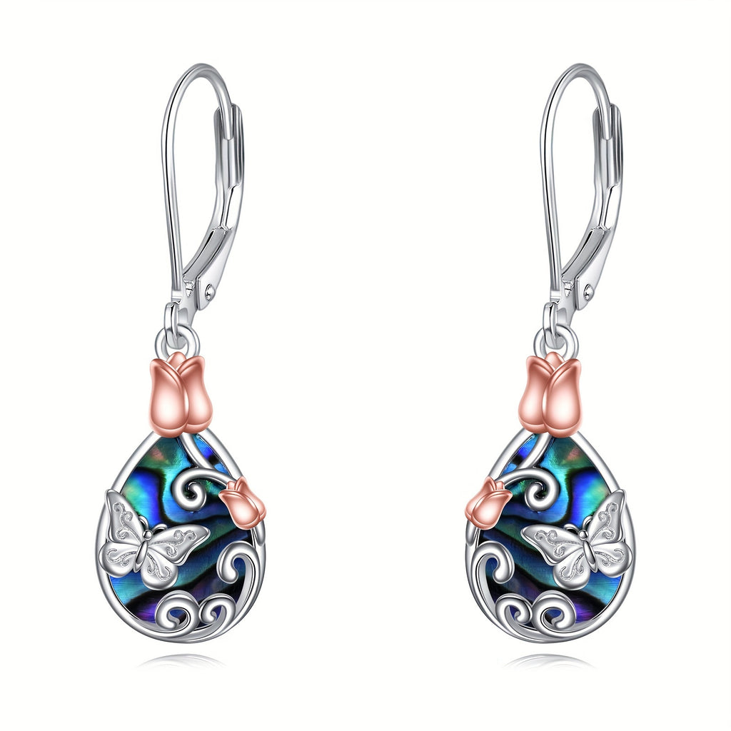 Butterfly Leverback Earrings 925 Sterling Silvery Rose Flower Filigree Dangle Teardrop Earrings Jewelry Birthday Gifts for Women