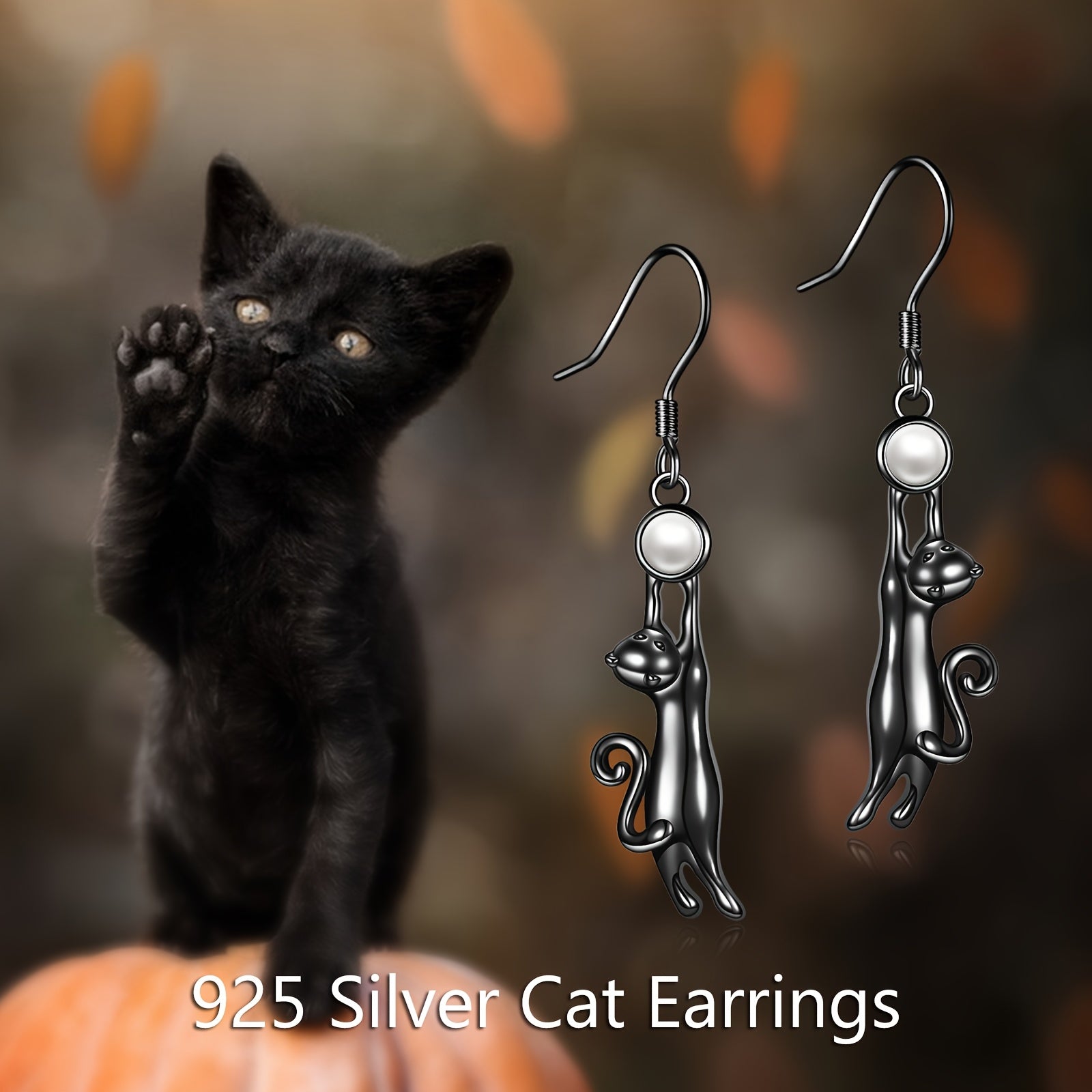 Black Cat Earring for Women Sterling Silvery Imitation Pearl Cat Dangle Earrings for Women