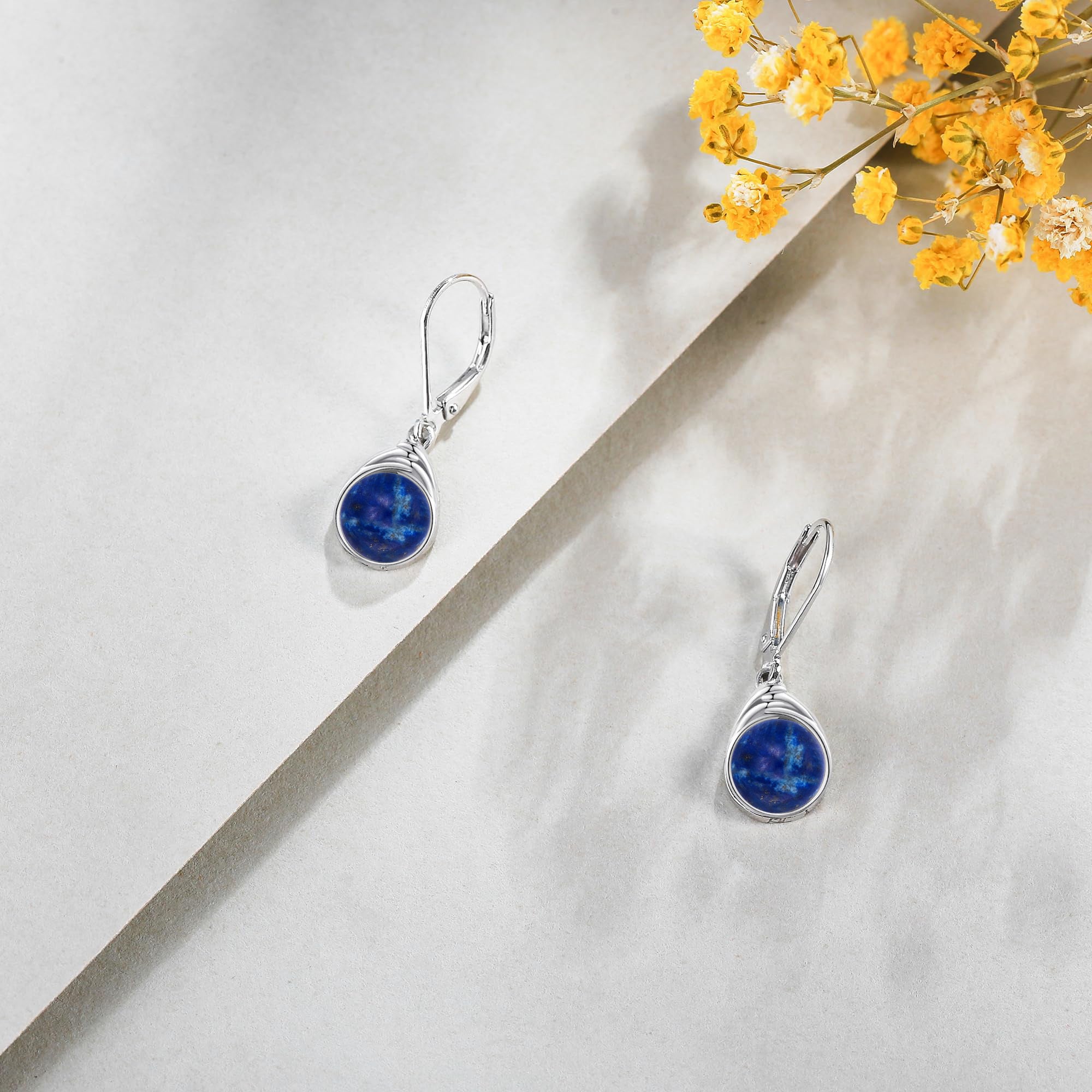 S925 Sterling Silver Lapis Lazuli Earrings for Women Round Lapis Lazuli Leverback Earrings Lapis Lazuli Dangle Earrings Jewelry Gifts