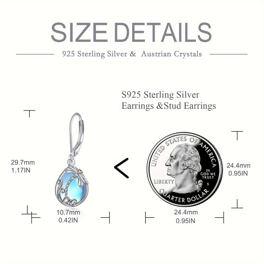 Women's pure Silvery French buckle earrings, low-allergy synthetic moonstone 925 pure Silvery pendant earrings with bees, hummingbirds, dragonflies, suitable for Christmas gifts and anniversary gifts for mothers, wives, daughters and grandmothers