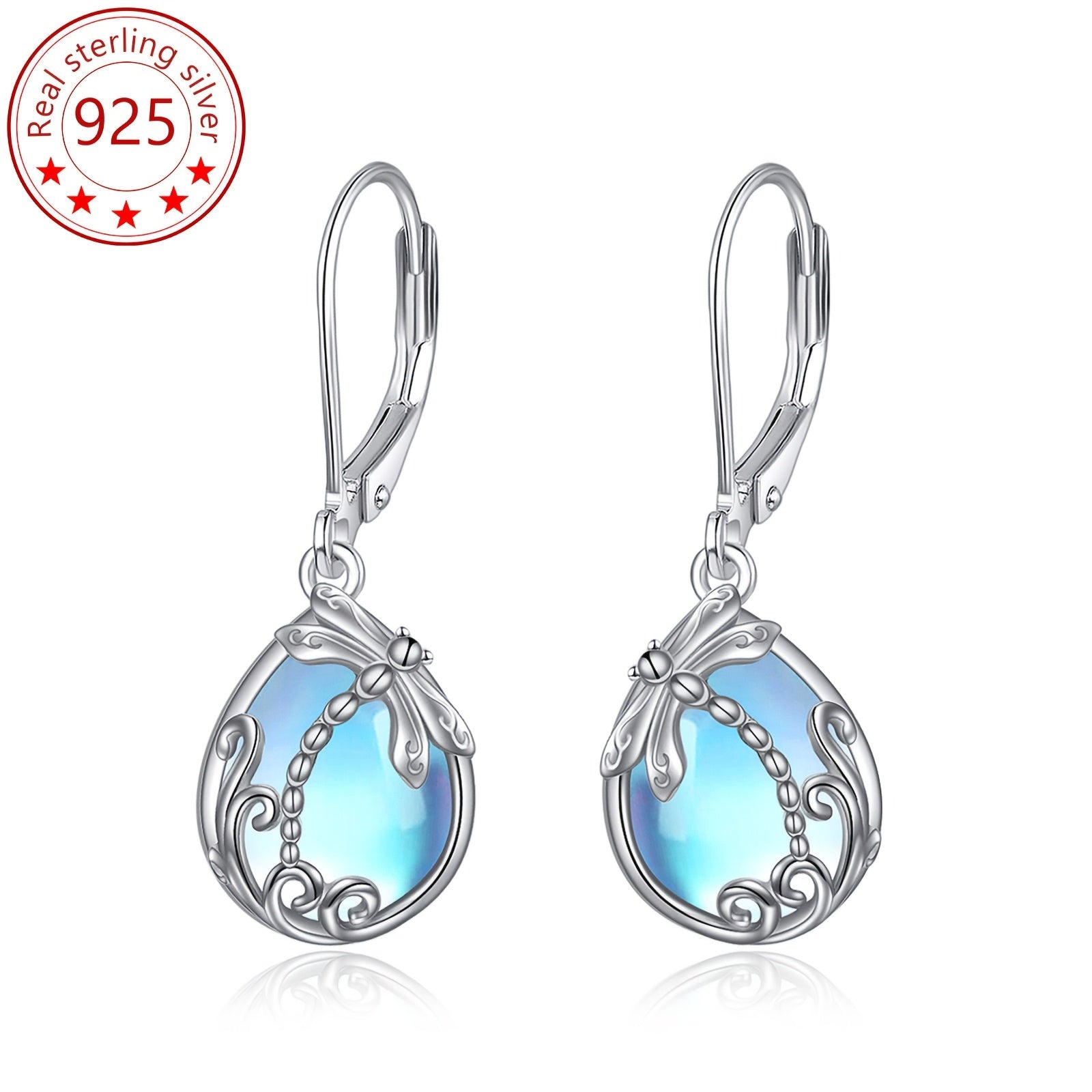 Women's pure Silvery French buckle earrings, low-allergy synthetic moonstone 925 pure Silvery pendant earrings with bees, hummingbirds, dragonflies, suitable for Christmas gifts and anniversary gifts for mothers, wives, daughters and grandmothers