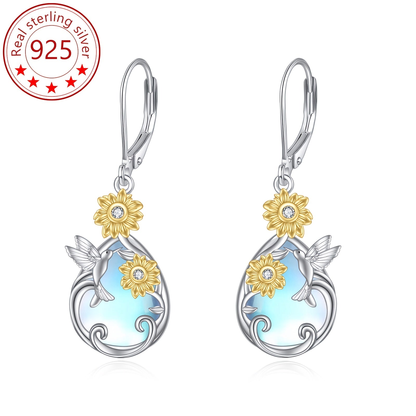 Women's pure Silvery French buckle earrings, low-allergy synthetic moonstone 925 pure Silvery pendant earrings with bees, hummingbirds, dragonflies, suitable for Christmas gifts and anniversary gifts for mothers, wives, daughters and grandmothers