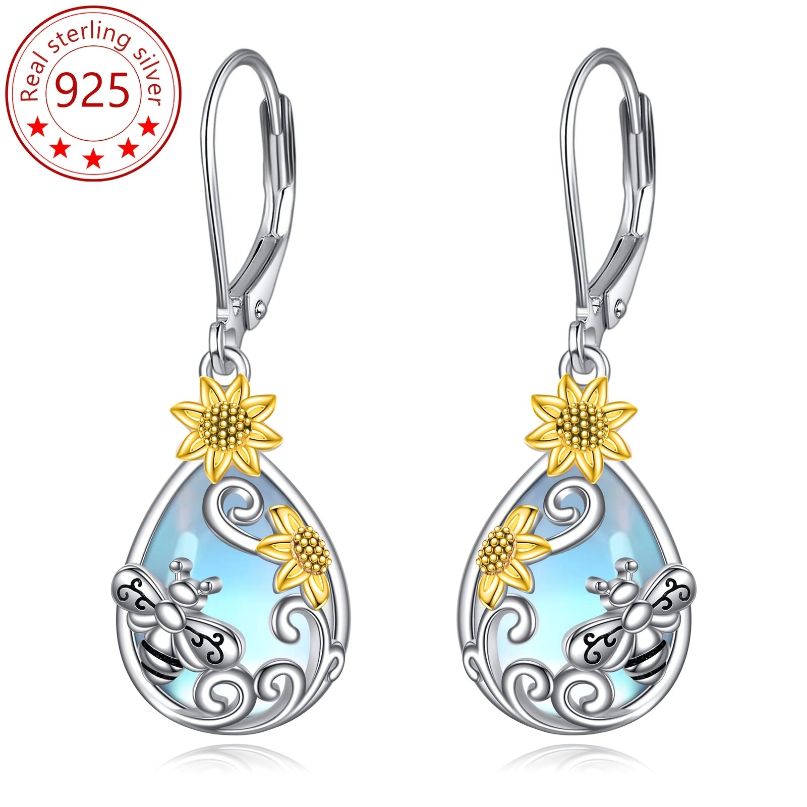 Women's pure Silvery French buckle earrings, low-allergy synthetic moonstone 925 pure Silvery pendant earrings with bees, hummingbirds, dragonflies, suitable for Christmas gifts and anniversary gifts for mothers, wives, daughters and grandmothers