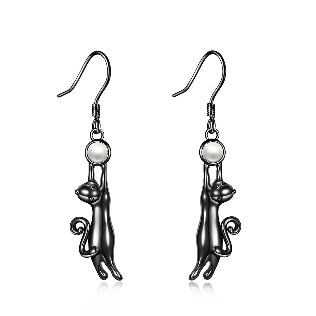 Black Cat Earring for Women Sterling Silvery Imitation Pearl Cat Dangle Earrings for Women