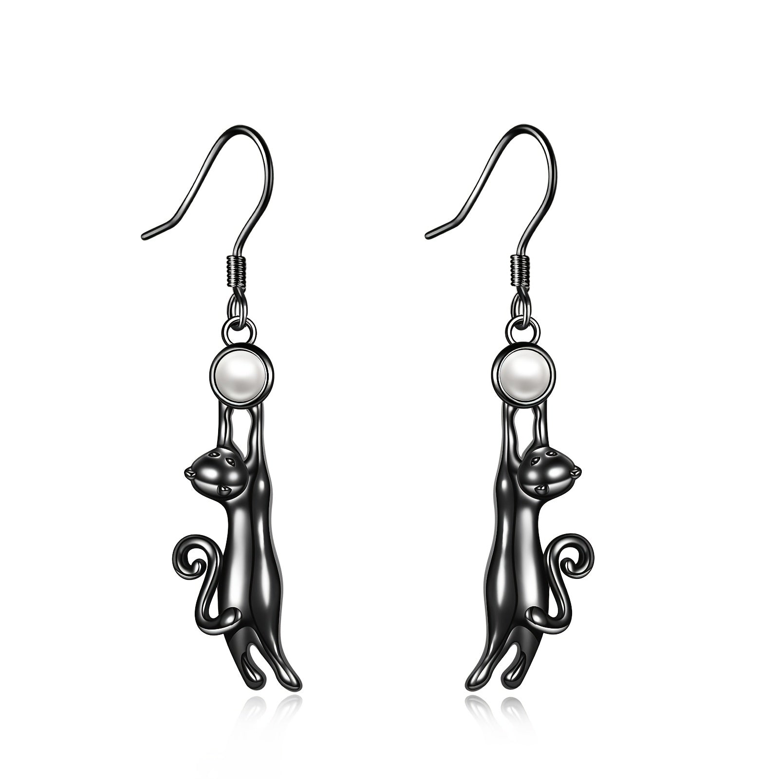 Black Cat Earring for Women Sterling Silvery Imitation Pearl Cat Dangle Earrings for Women