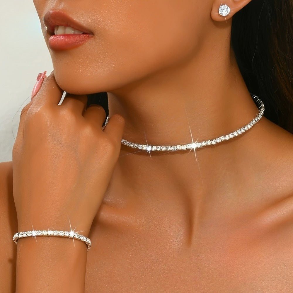 925 Sterling Silver Moissanite Jewelry Set, Women'S Luxury Tennis Necklace + Bracelet + Earrings Three-piece Set, Mother'S Day/Valentine'S Day Gift, High-end Birthday Jewelry | Hypoallergenic Nickel-free | European and American Luxury Style