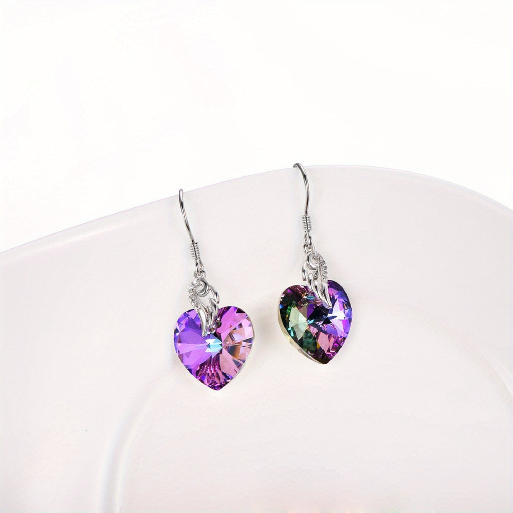 YFN Love Heart Synthetic Crystal Sterling Silver Dangle Drop Earrings with Synthetic Crystals Fine Jewelry Gift for Women Anniversary Birthday Gift Christmas Holiday Gifts, 34 mm x 14 mm, Synthetic Crystal from Austrian Cubic Zirconia
