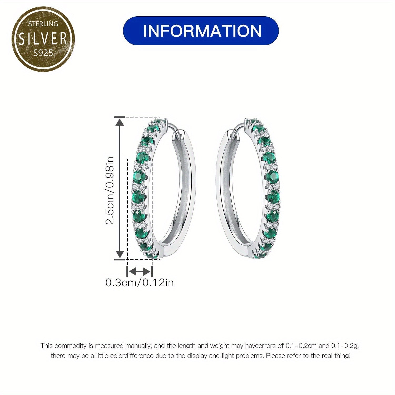 Elegant Luxury Green Zirconia Hoop Earrings, S925 Sterling Silver Hypoallergenic Earrings, Suitable for Women Daily Wear, Daily Gift for Women'S Jewelry, Objects with Design Sense