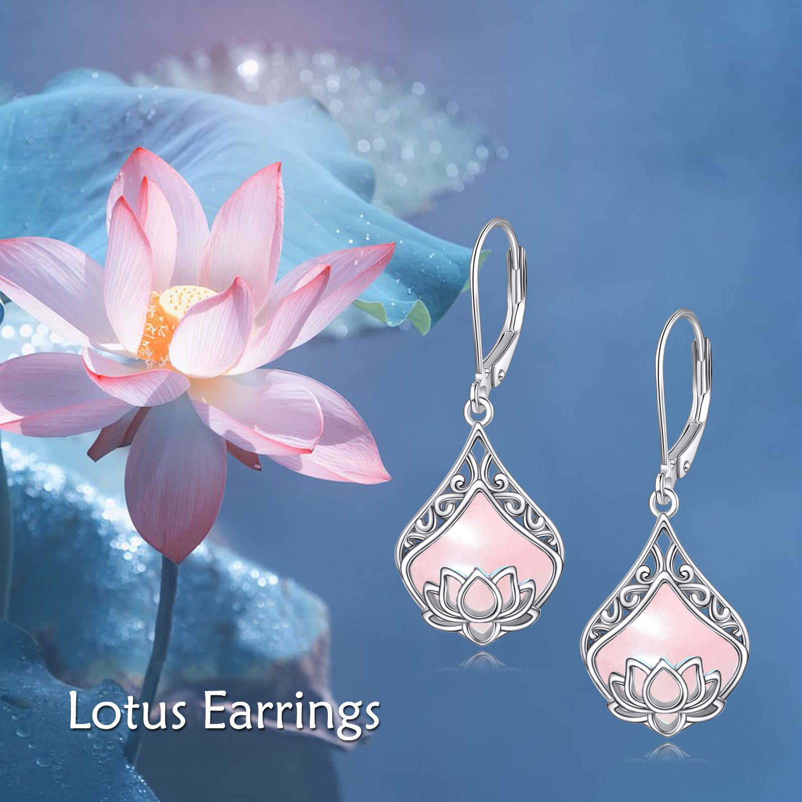for Lotus Earrings 925 Sterling Silvery Teardrop Rose Quartz Pendant Women's Gemstone Jewelry Earrings