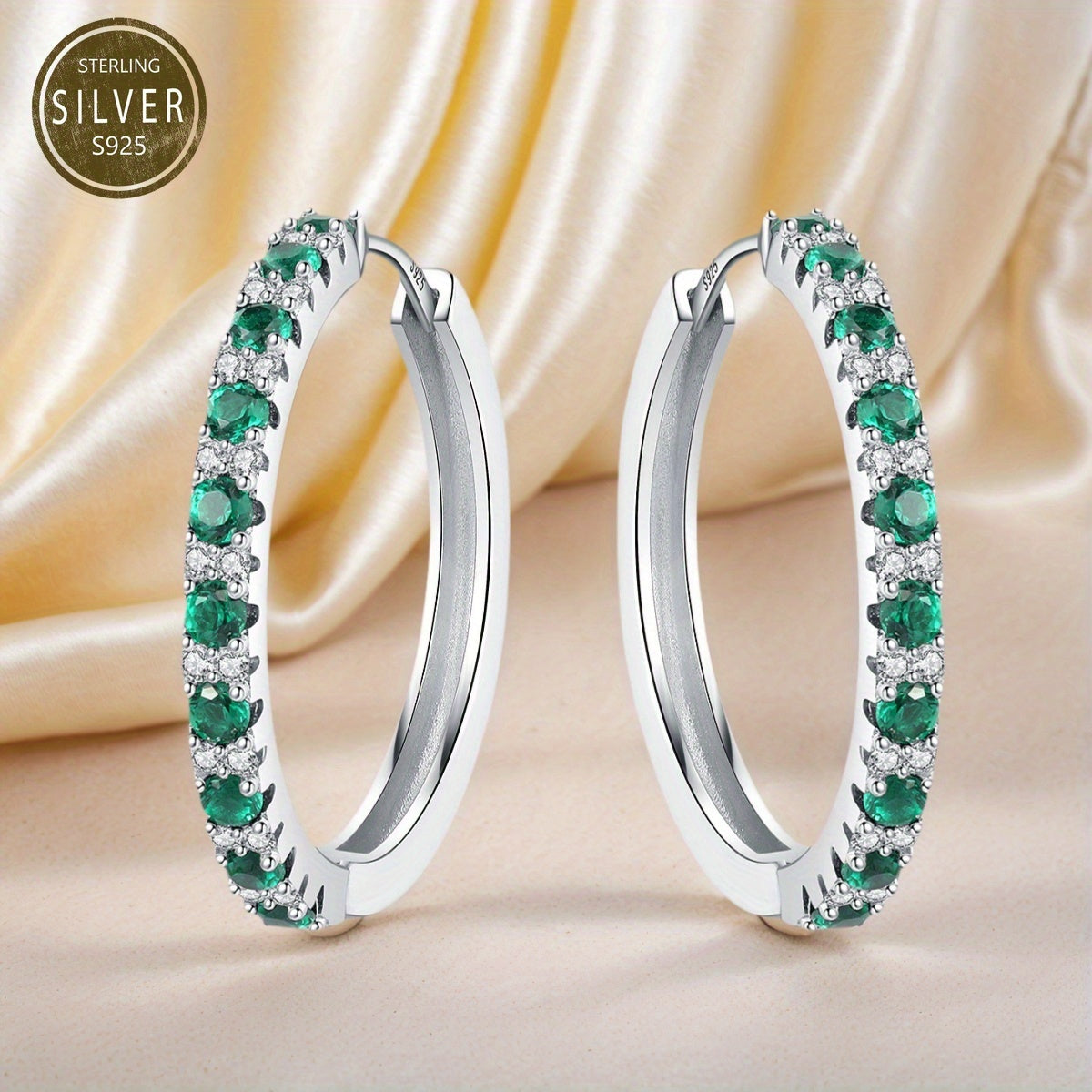 Elegant Luxury Green Zirconia Hoop Earrings, S925 Sterling Silver Hypoallergenic Earrings, Suitable for Women Daily Wear, Daily Gift for Women'S Jewelry, Objects with Design Sense
