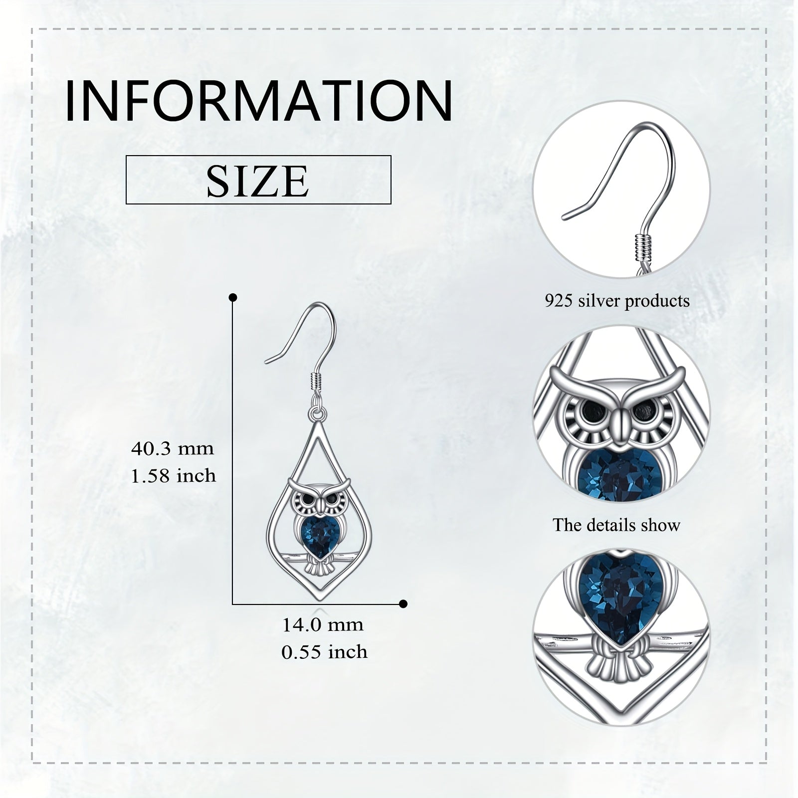 Elegant 925 Sterling Silver Owl Dangle Earrings for Women - Cute Animal Jewelry with Blue Gemstone Accents, Perfect Gift for Mother'S Day or Graduation, Everyday Jewelry|Elegant Dangle Earrings|Synthetic Stone Earrings