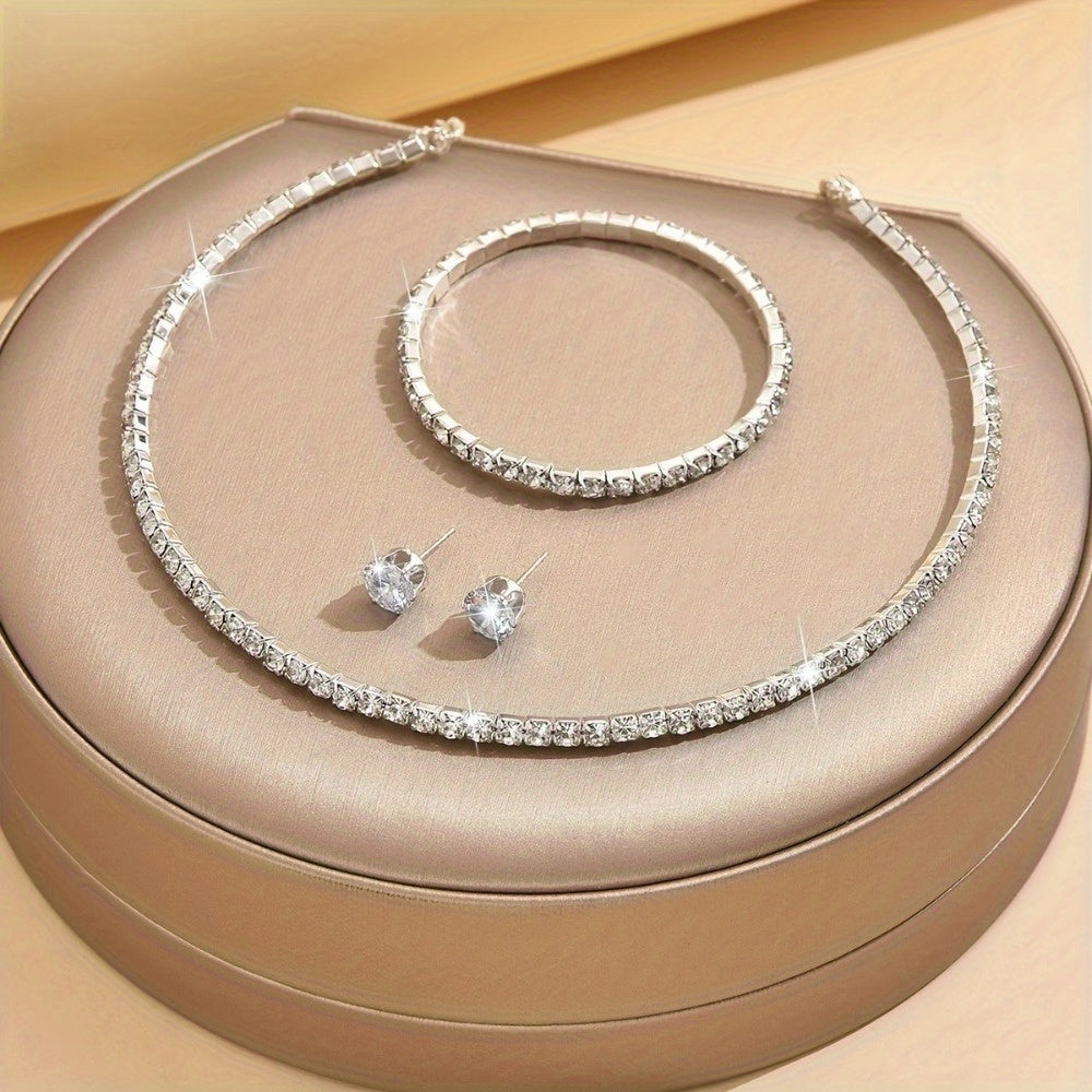 925 Sterling Silver Moissanite Jewelry Set, Women'S Luxury Tennis Necklace + Bracelet + Earrings Three-piece Set, Mother'S Day/Valentine'S Day Gift, High-end Birthday Jewelry | Hypoallergenic Nickel-free | European and American Luxury Style