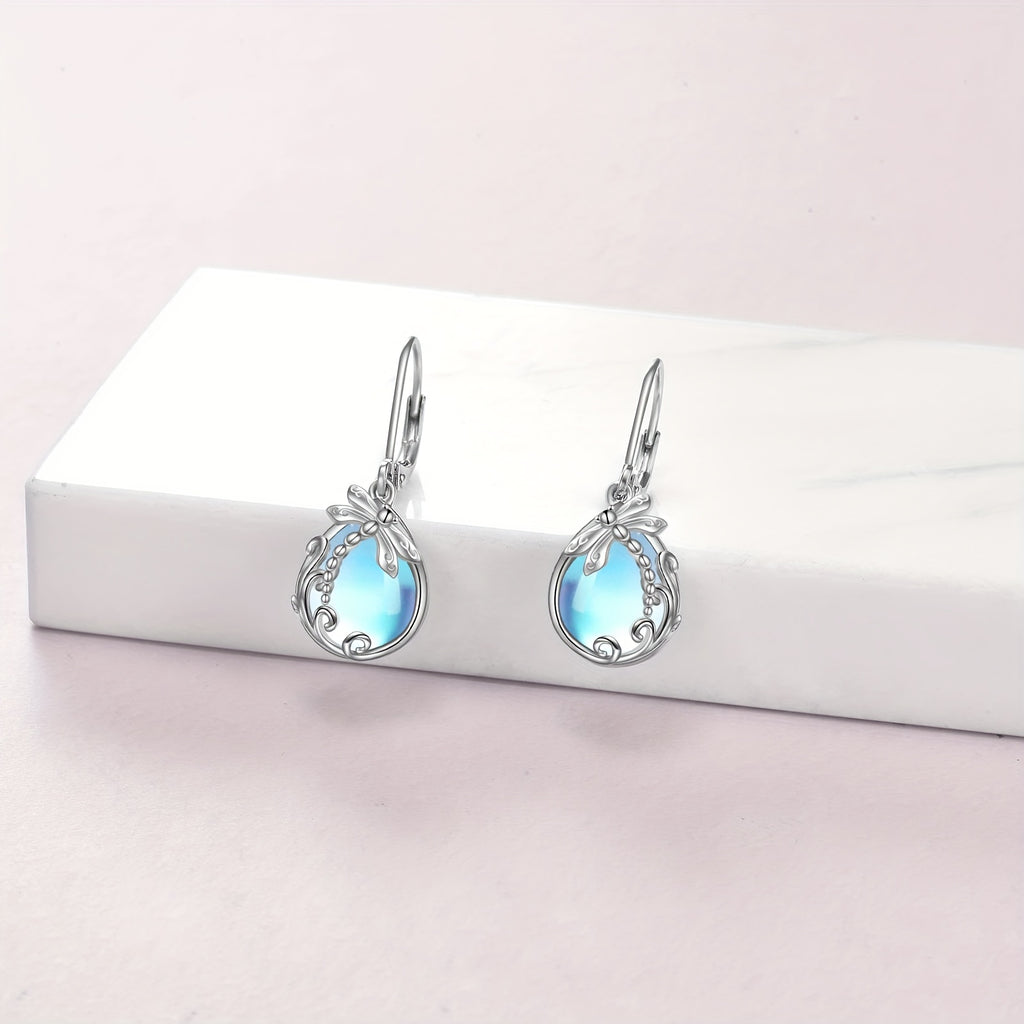 Women's pure Silvery French buckle earrings, low-allergy synthetic moonstone 925 pure Silvery pendant earrings with bees, hummingbirds, dragonflies, suitable for Christmas gifts and anniversary gifts for mothers, wives, daughters and grandmothers