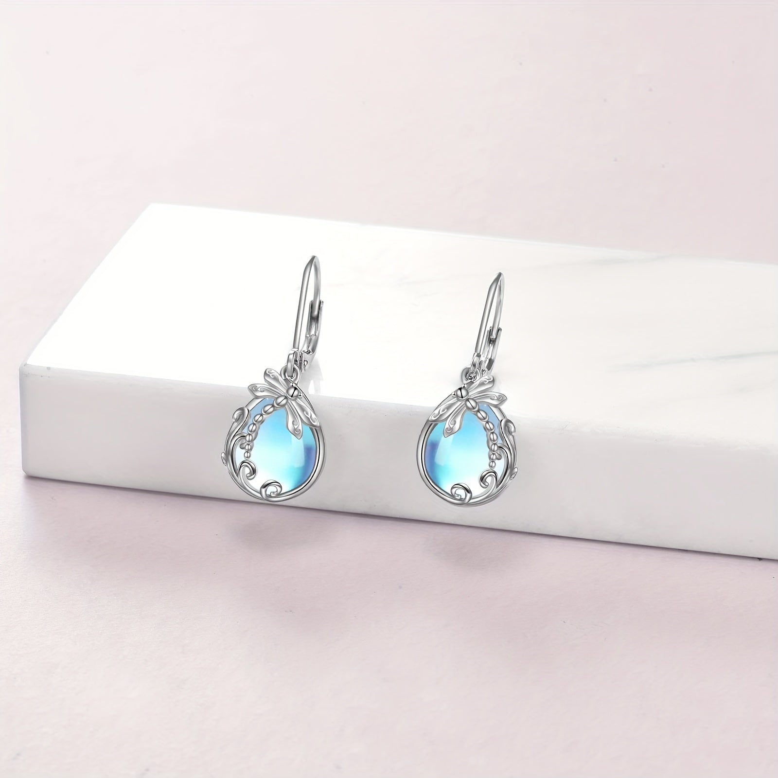 Women's pure Silvery French buckle earrings, low-allergy synthetic moonstone 925 pure Silvery pendant earrings with bees, hummingbirds, dragonflies, suitable for Christmas gifts and anniversary gifts for mothers, wives, daughters and grandmothers
