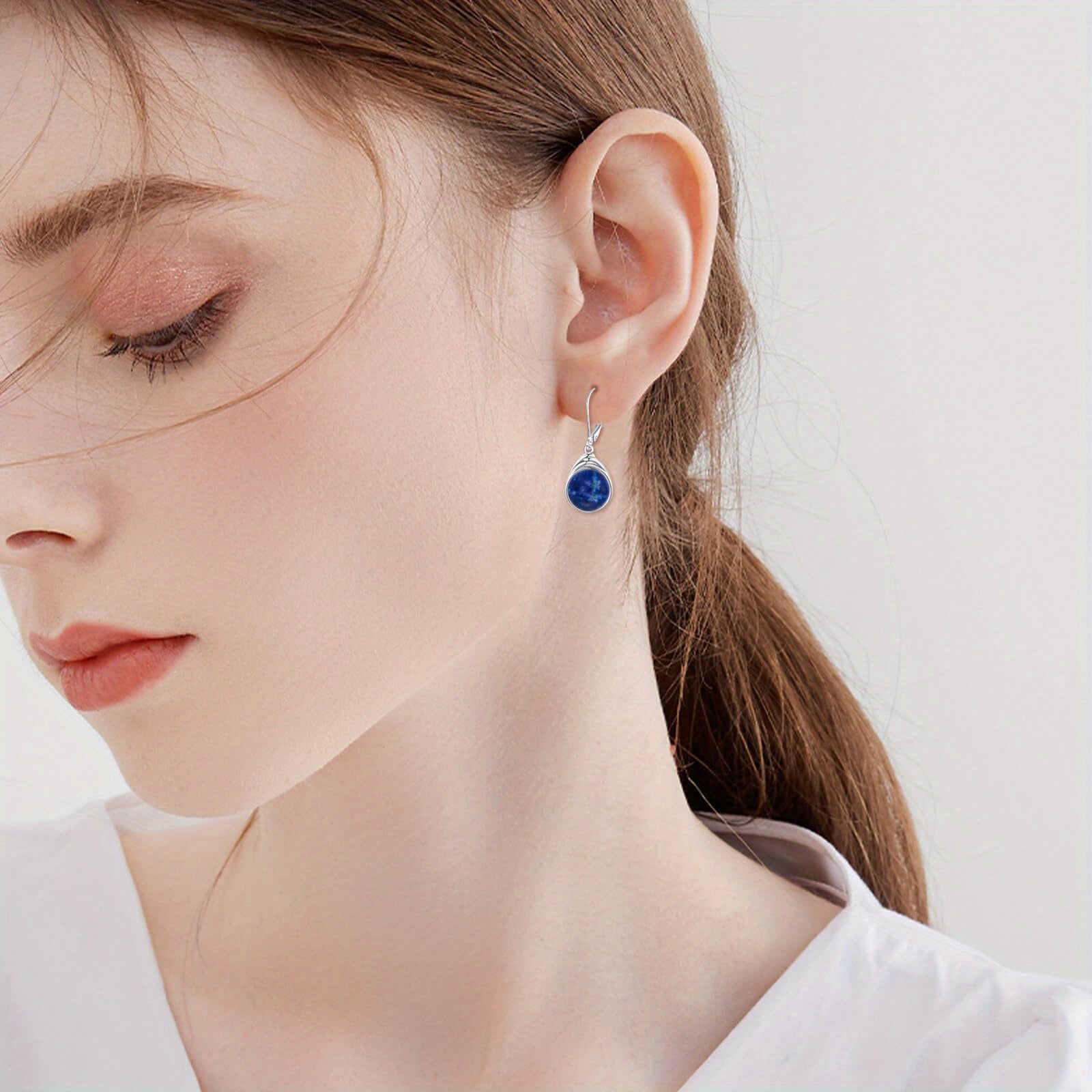 S925 Sterling Silver Lapis Lazuli Earrings for Women Round Lapis Lazuli Leverback Earrings Lapis Lazuli Dangle Earrings Jewelry Gifts