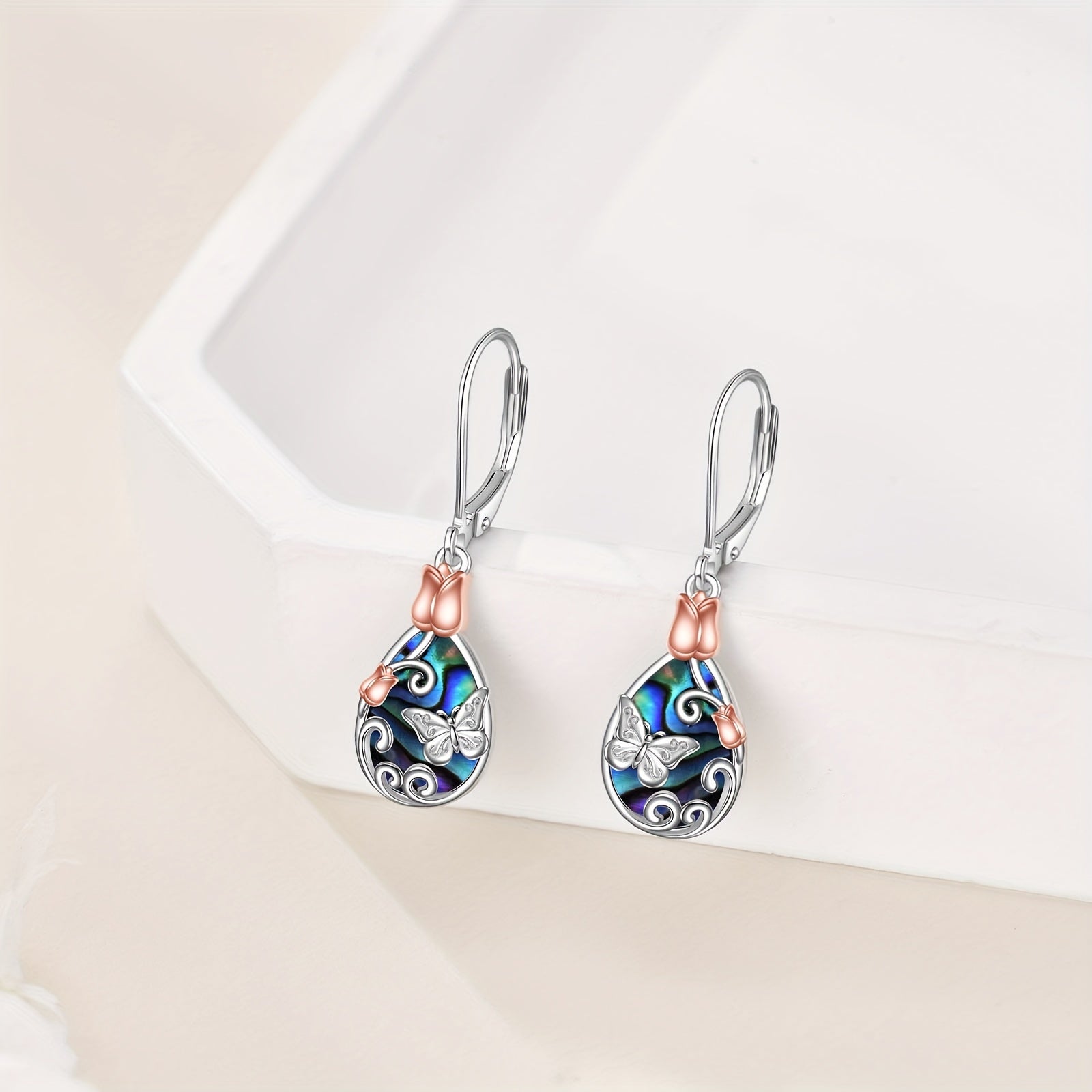 Butterfly Leverback Earrings 925 Sterling Silvery Rose Flower Filigree Dangle Teardrop Earrings Jewelry Birthday Gifts for Women