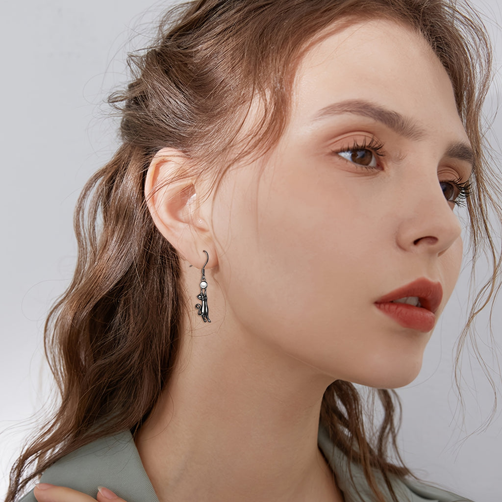 Black Cat Earring for Women Sterling Silvery Imitation Pearl Cat Dangle Earrings for Women