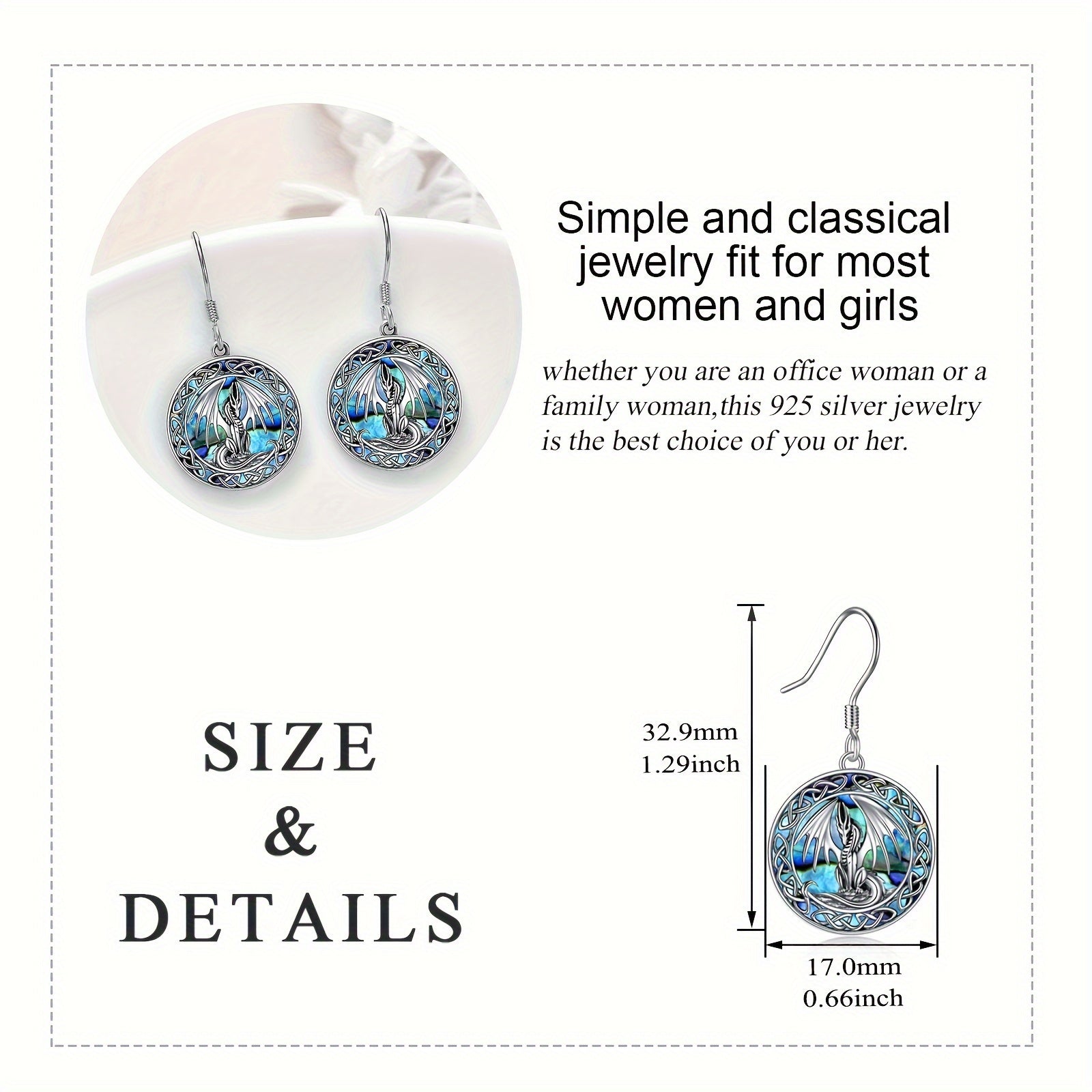 A Pair Of Women's Fashion Drop Earrings Dragon Earrings Abalone Shell Jewelry 5g 925 Sterling Silver Daily Wear Gift