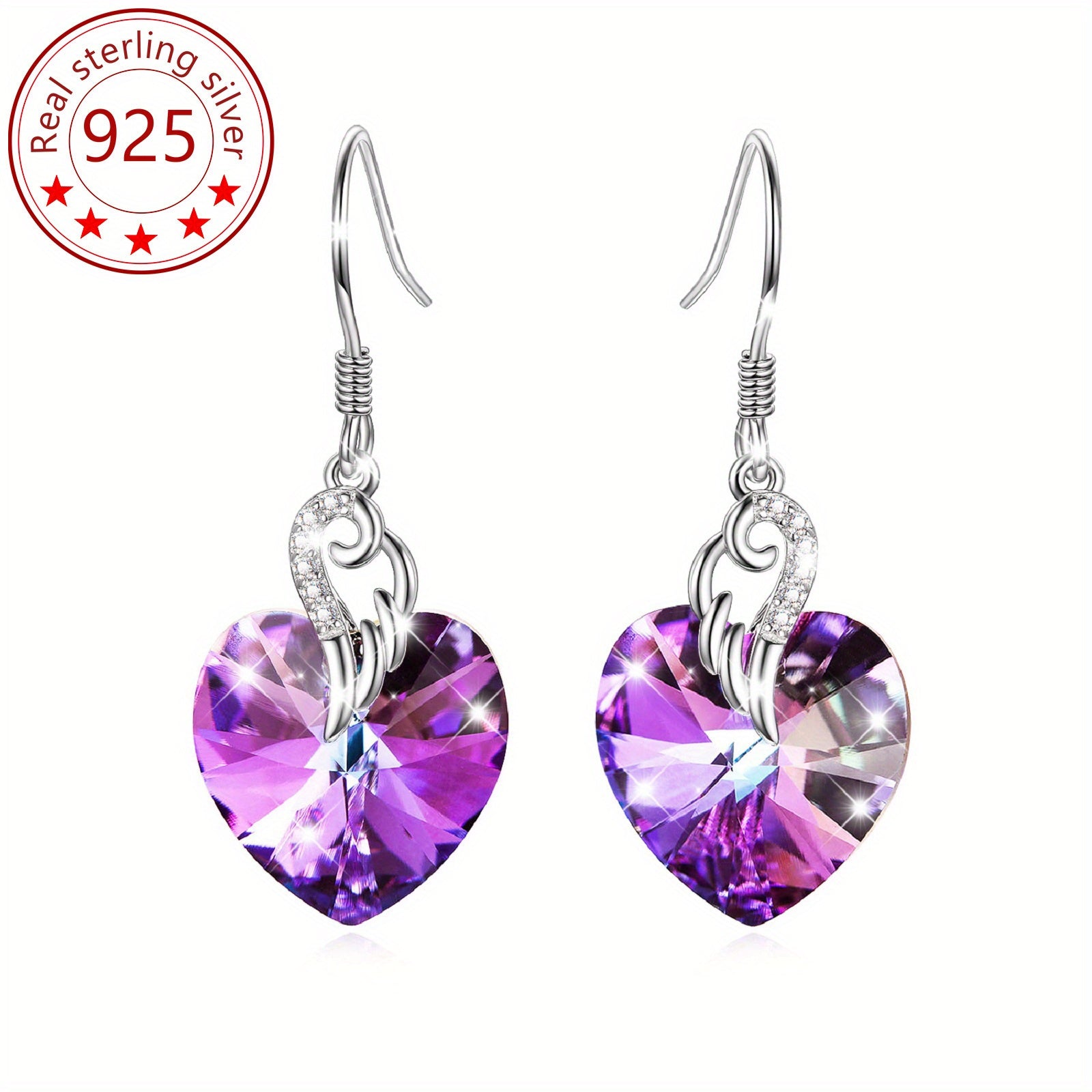 YFN Love Heart Synthetic Crystal Sterling Silver Dangle Drop Earrings with Synthetic Crystals Fine Jewelry Gift for Women Anniversary Birthday Gift Christmas Holiday Gifts, 34 mm x 14 mm, Synthetic Crystal from Austrian Cubic Zirconia