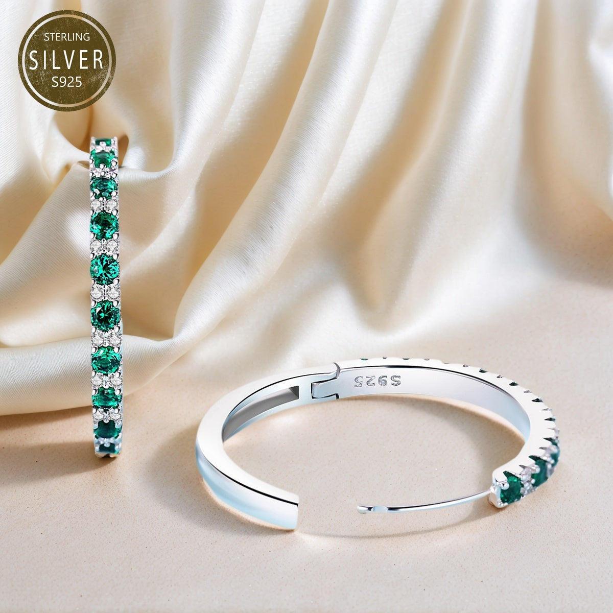 Elegant Luxury Green Zirconia Hoop Earrings, S925 Sterling Silver Hypoallergenic Earrings, Suitable for Women Daily Wear, Daily Gift for Women'S Jewelry, Objects with Design Sense